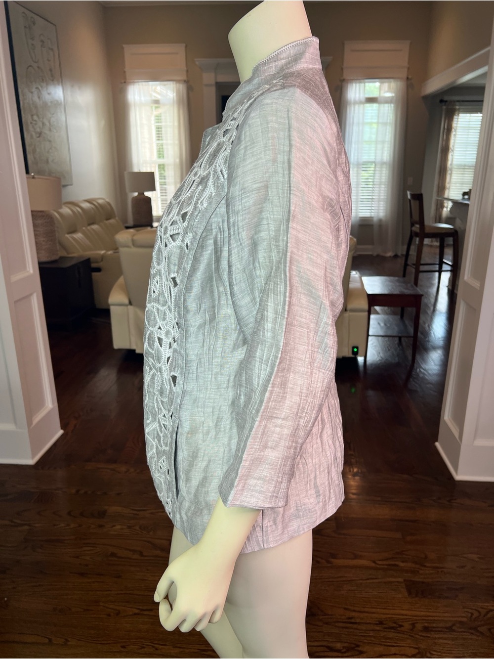 Chico's Silver-Gray Lace Front Open Jacket - Picture 4 of 14